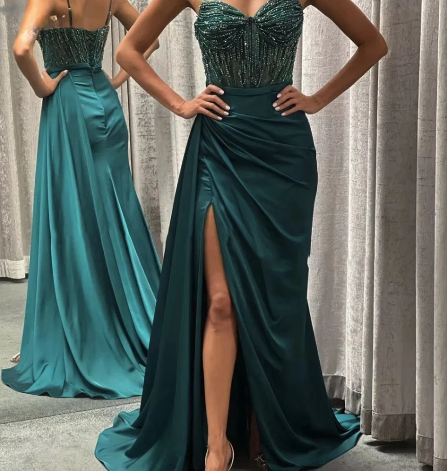 مثير أسود ساطع السباغيتي حزام حفلة موسيقية فساتين الحبيب الخرز ثوب مسائي مع حزام الظهر الساتان الجانب سبليت للنساء العباءات #5