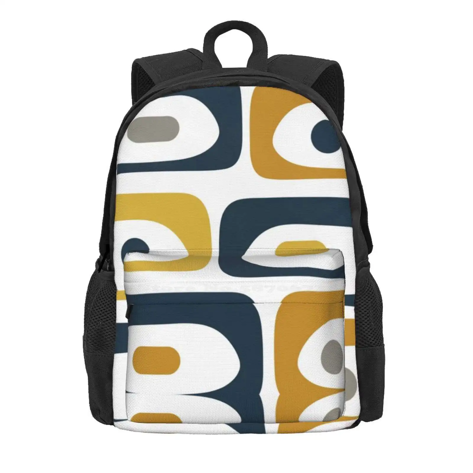 Mid Century Modern Piquet Abstract Minimalist Pattern In Navy Blue, Light And Dark Mustard, Grey, And White Hot Sale Schoolbag