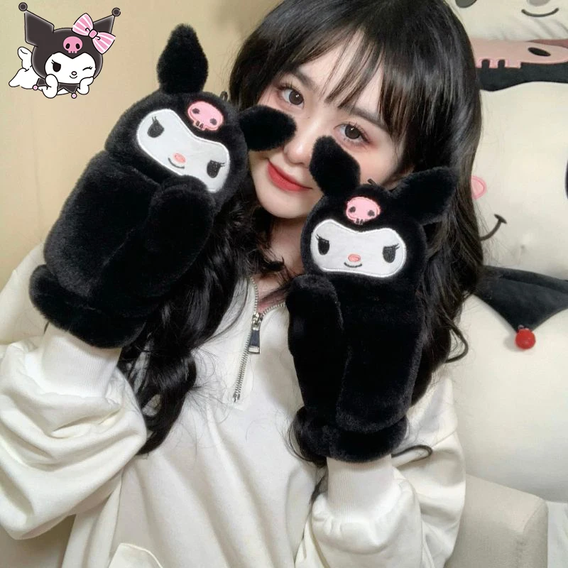 Sanrioed Kuromi Plush Flip Cover Gloves Women Anime Kawaii Cartoon New Winter Girl Student Thicken Warm Cute Soft Festival Gift