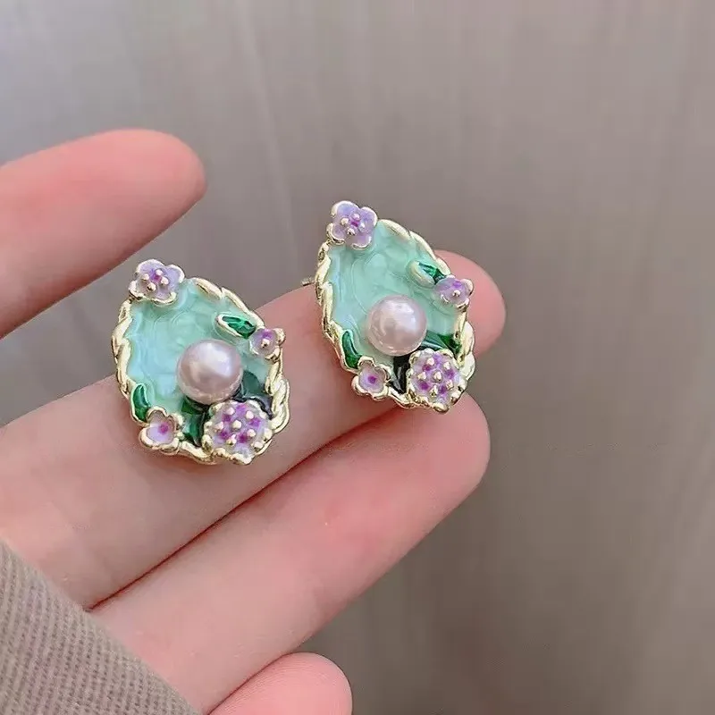 Abstract Oil Painting Flower Stud Earrings for Women Geometric Personality Irregularity Oval Earrings Trendy Green Jewelry Gifts