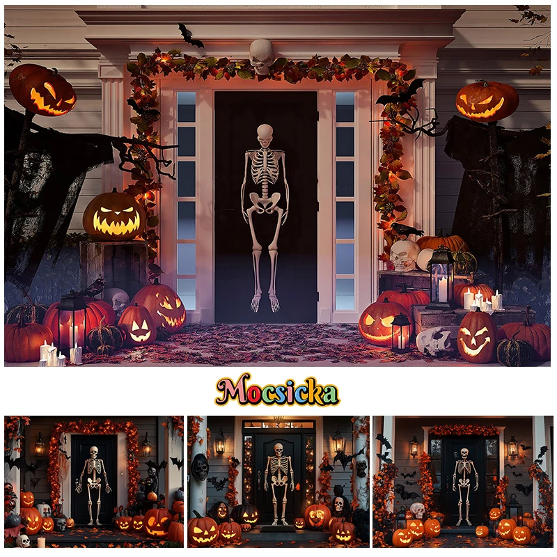 Mocsicka Halloween Background Photography Scary House Pumpkin Skeleton Decor Kids Birthday Baby Portrait Photo Backdrop Studio