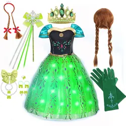 Frozen Princess Anna Green Dress Girls Party Birthday Clothing Kids Halloween Cosplay Costume With Led Shine At Night
