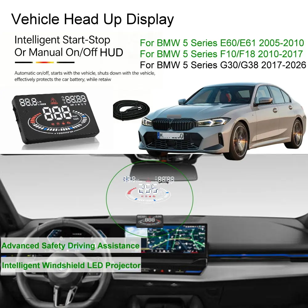 

Car HUD Head Up Display For BMW 5 Series E60/E61 2005-2010 F10/F18 2010-2017 G30/G38 2017-2026 Auto Electronics Accessories