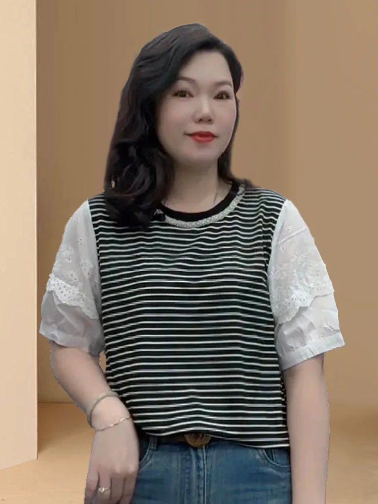 Puur Katoen ort Sve T-shirt vrouwen Zomer Nieuwe Losse Grote Maat Kant Splicing Koreaanse Sle ronde Ne Streep Patroon top