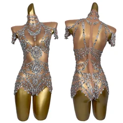 Sparkly Diamonds Bodysuit Women Sexy Mesh Dance Outfit Performance Costume Singer Party Club Show Stage Wear Wuniang