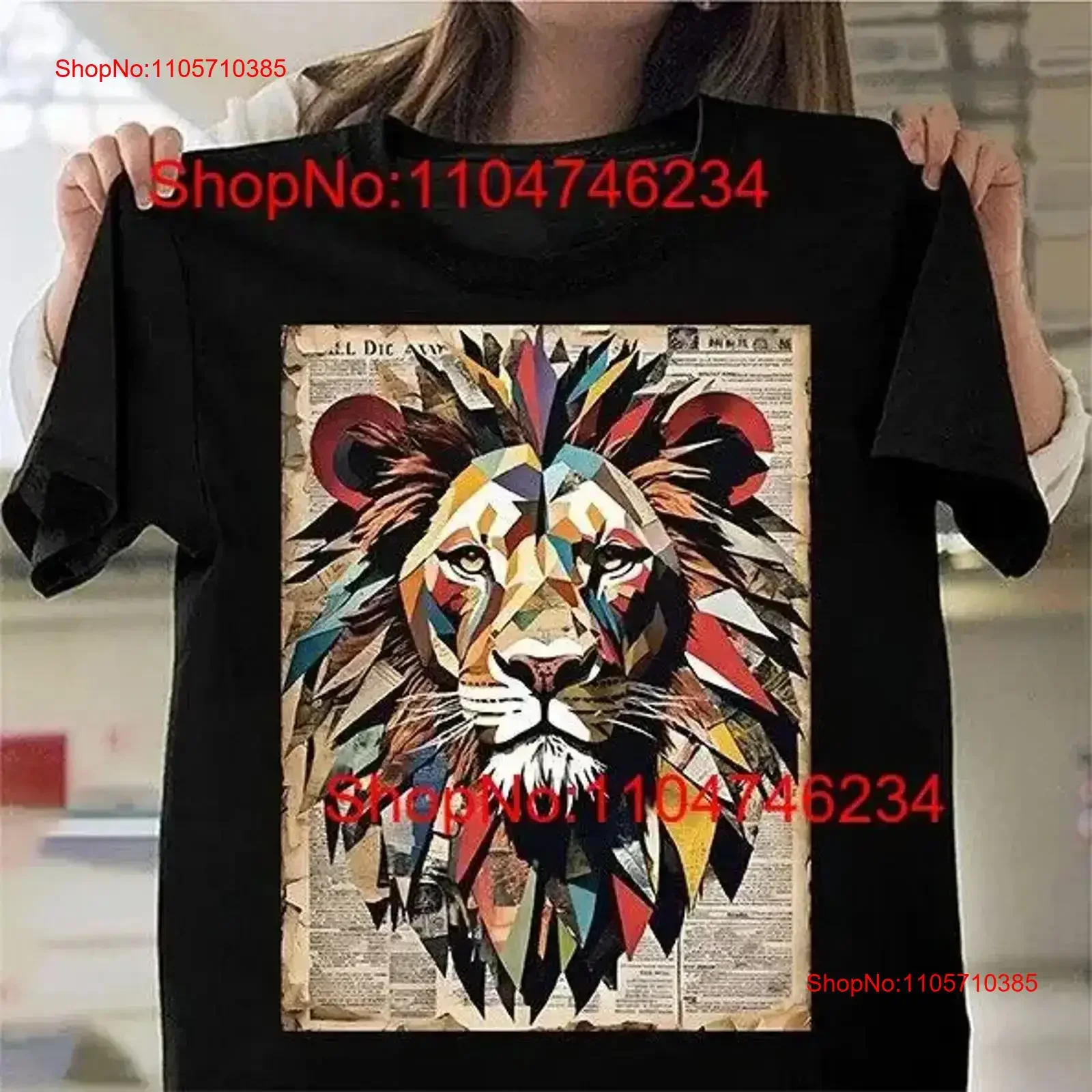 ABSTRACT LION COLLAGE T Shirt Top Artistic Wild Big Cat Geometric Color vintage Washed Casual streetwear Breathable Versatile