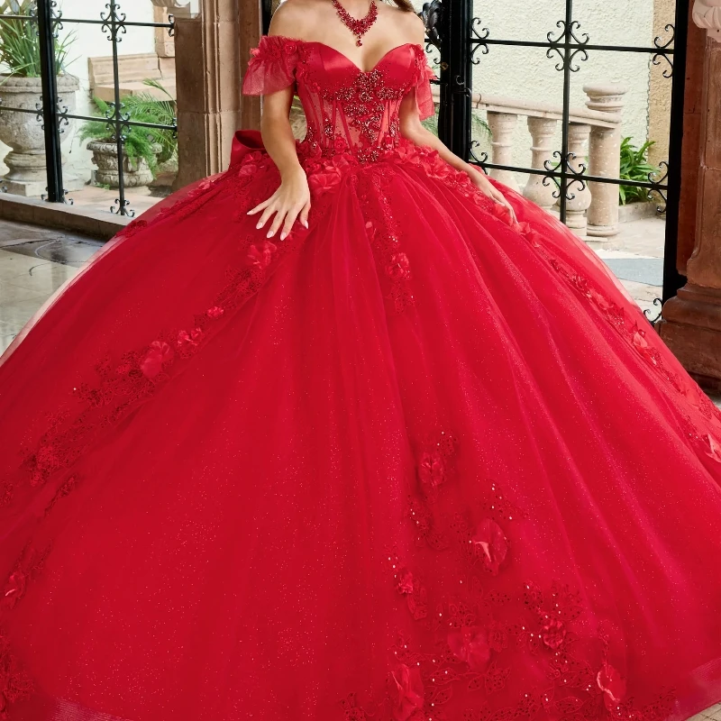 

Red Shiny Quinceanera Dresses Off the Shoulder Applique Flower Beads Tull Party Birthday Ball Gown Sweet 16 Vestidos 15 De Anos