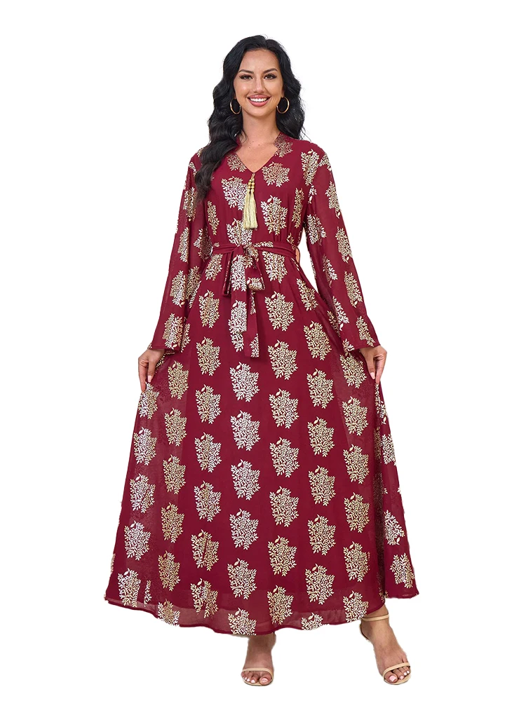 Vestidos largos de fiesta para mujer, Abaya de Dubái, Turquía-Arabia, elegante vestido de noche para mujer, borla de moda, cuello en V, vestido musulmán con cordones