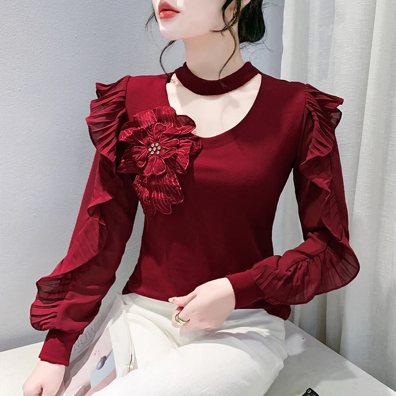 2024 New European Clothes Fall Winter T-Shirt Chic Sexy Stand Ruffles 3D Flower Patchwork Women Tops Long Sleeve Hot Tees 41002