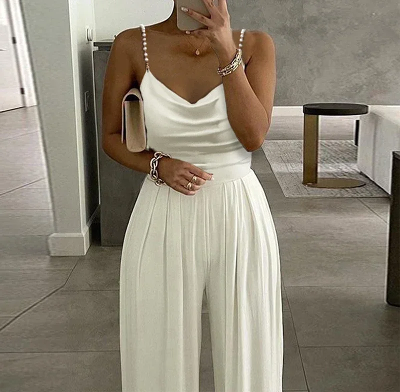 

Sleeveless Jump Suits for Women Streetwear 2023 Autumn Pearl Suspender Wide Leg V-neck Backless Long Pants Jumpsuits of Female