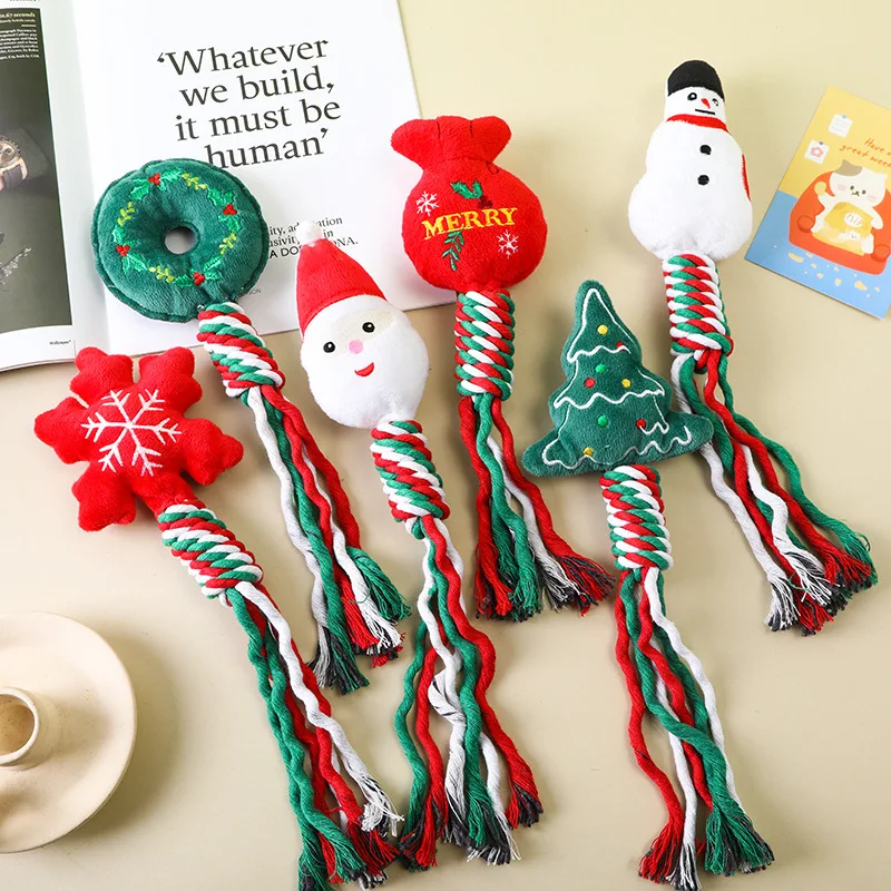 1pcs 2026 Christmas Cotton Rope Plush Toy Cat-fun Toy Dog Bite-resistant Tooth-making pet Toy