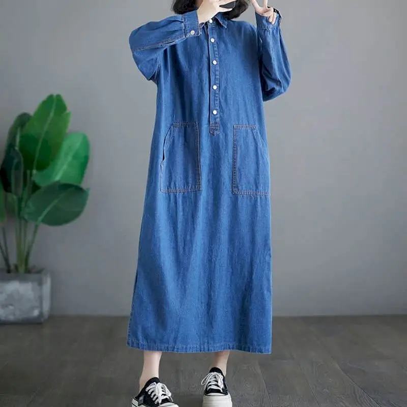 

Джинсовые платья для женщин, повседневные свободные элегантные однобортные рубашки с воротником-поло, юбки с карманами, винтажное эстетичное платье во французском стиле