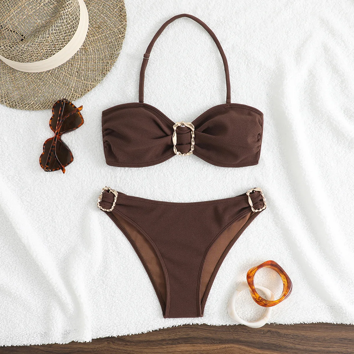 

Sexy Bandeau Bikini Push Up 2 Piece Swimsuit Ring Decoration Swimwear Women Bikinis Bathing Suit Beach Wear Biquini Femme