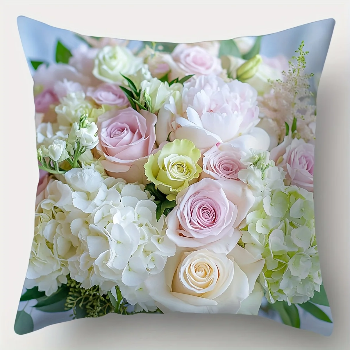 1pc 2D Flat (Pillow Not Included) Pastel Roses Hydrangea Bouquet Cushion Cover Short Plush Elegant Wedding DecorThrow PillowCase