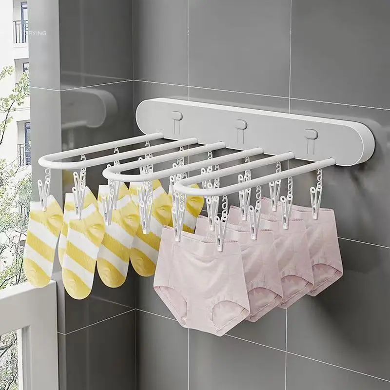 Balcony Foldable Underwear Sock Drying Rack 24 Clip Storage Panties Bra Hanging Bathroom Towel Organizer No Punch Space Saving