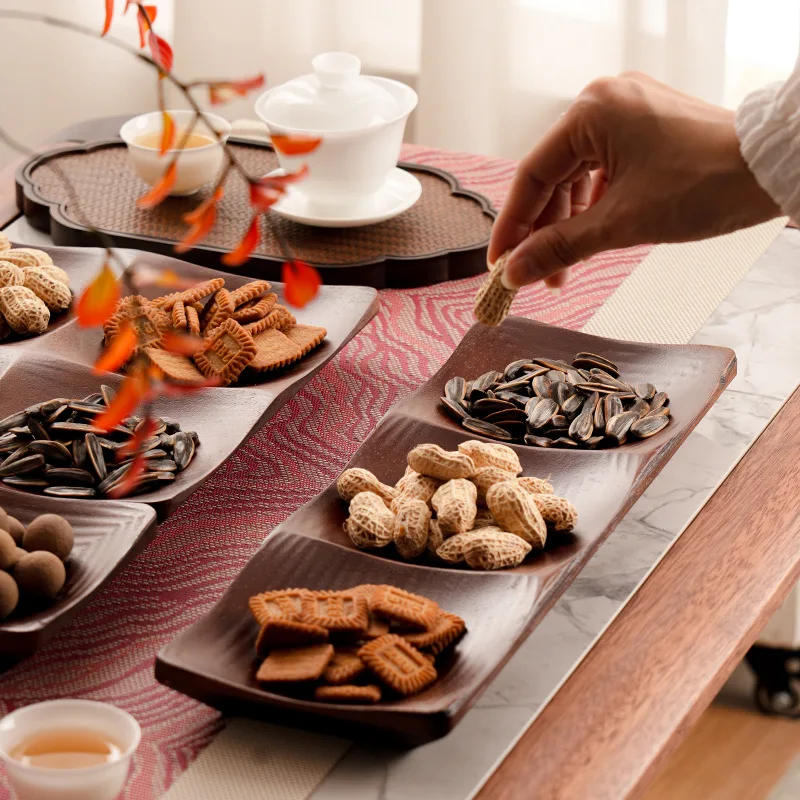 Creative Bamboo Wood Tray Living Room Coffee Table Compartment Fruit Tray Fruit and Melon Seeds Dim Sum Candy Dish