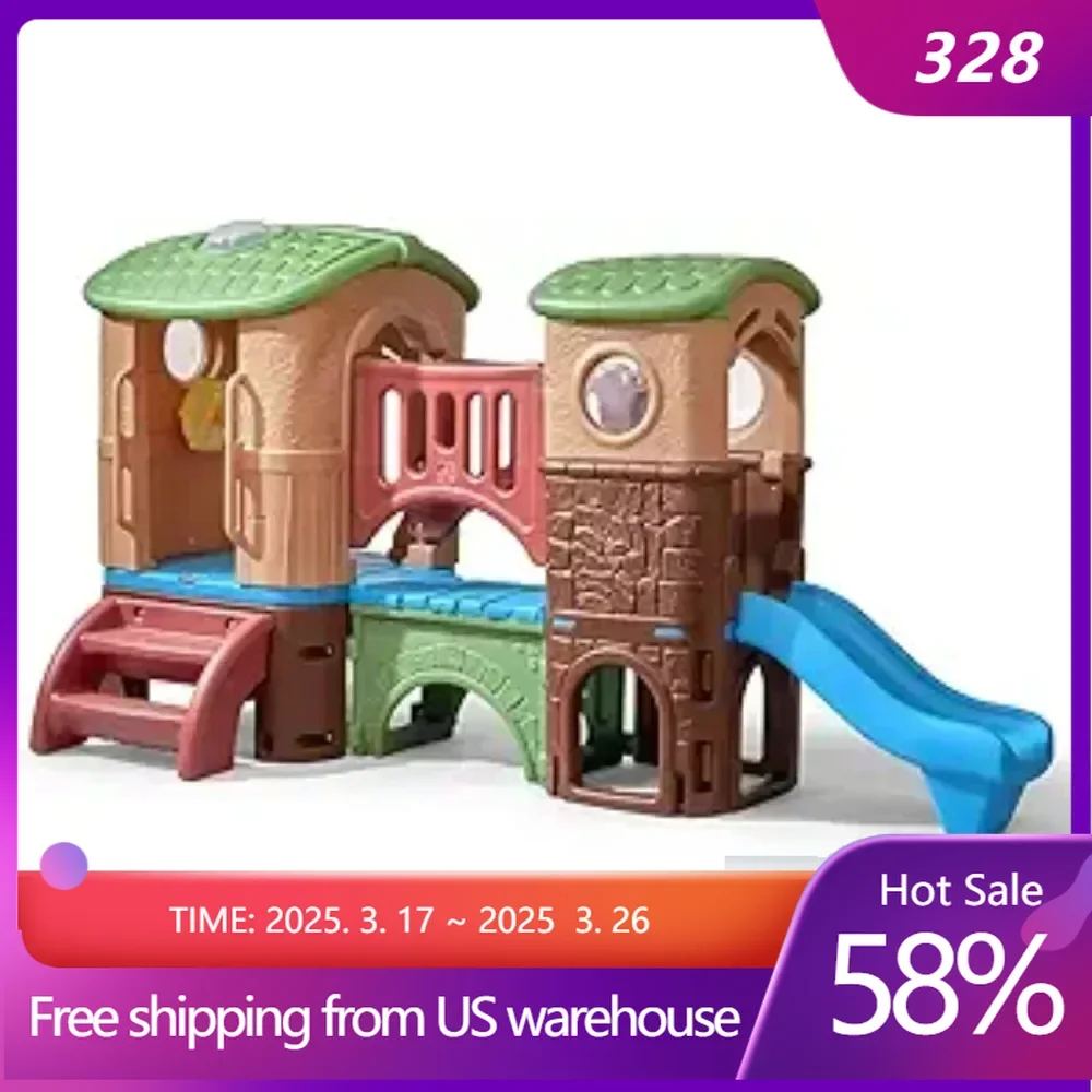 Kids Outdoor Playset Clubhouse Climber, Backyard Playground Set, 2 Slides, Climbing Wall, Elevated Playhouse, Outside Jungle Gym