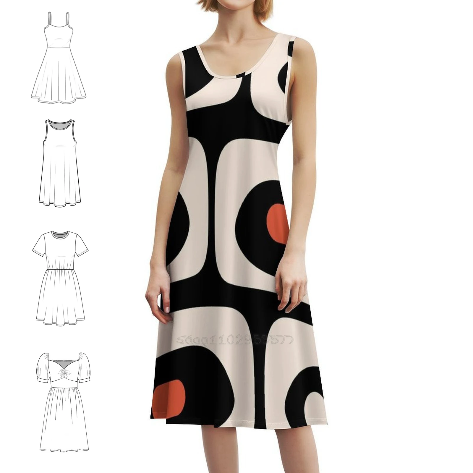 فستان حفلات أنيق للنساء باللون الأسود بنمط تجريدي من منتصف القرن فستان على شكل حرف a مع خيارات قصيرة/طويلة/بدون أكمام