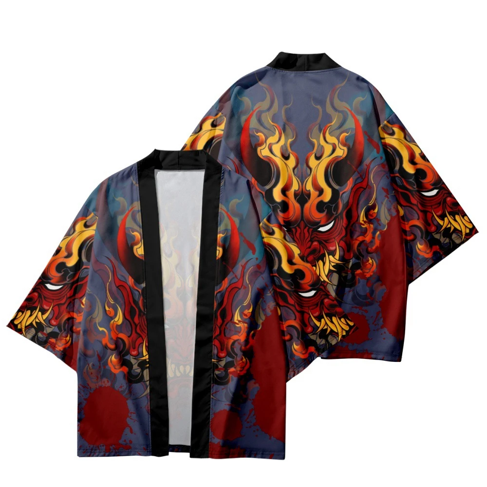 Fashion Anime Demon Print Traditional Kimono Oversized Tops Japanese Casual Haori Men Cardigan Shirts