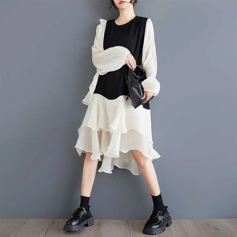 Chic Primavera Autunno Donna Filato netto Splicing Ruffles T-shirt Abito Allentato Patchwork irregolare Bordo di loto Tees Abito Top Abiti