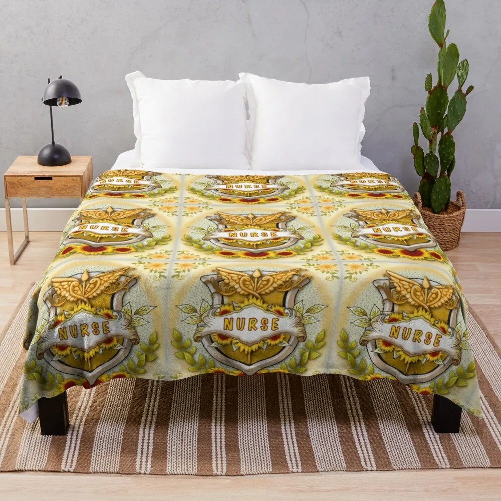 Sunflower Shield Nurse Throw Blanket Vintage Flannel Plaid on the sofa Blankets