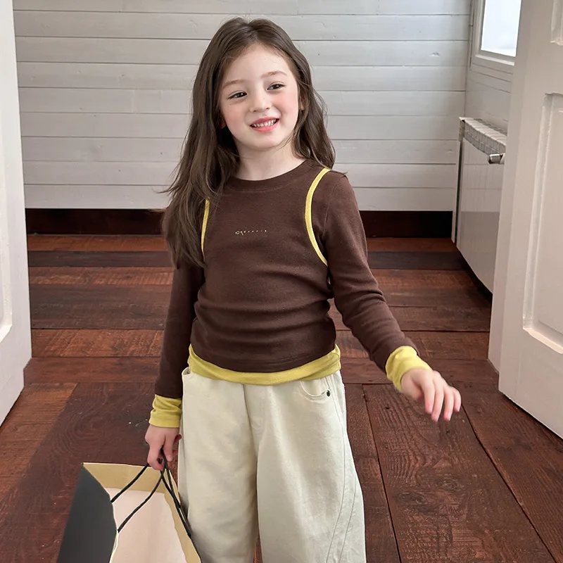 

Girls Color Blocked Fake Two-piece Top 2025 Autumn New Children Korean Letter Slim Fit Base Shirt Versatile
