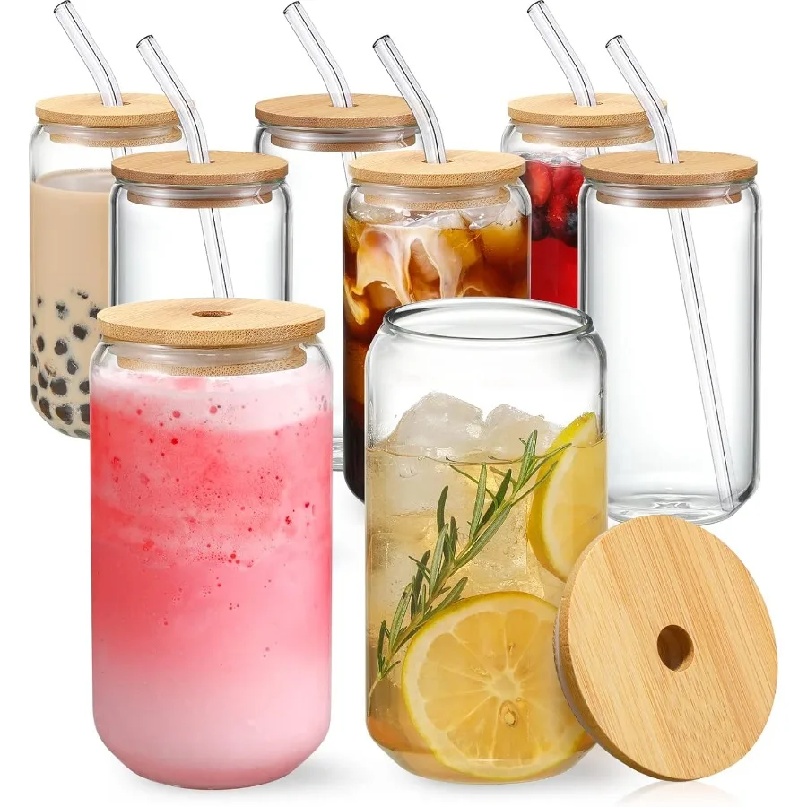 

8pcs Set of 16oz Reusable Drinking Glasses with Bamboo Lids and Glass Straws for Iced Coffee Tea Cocktail Whiskey EcoFriendly G