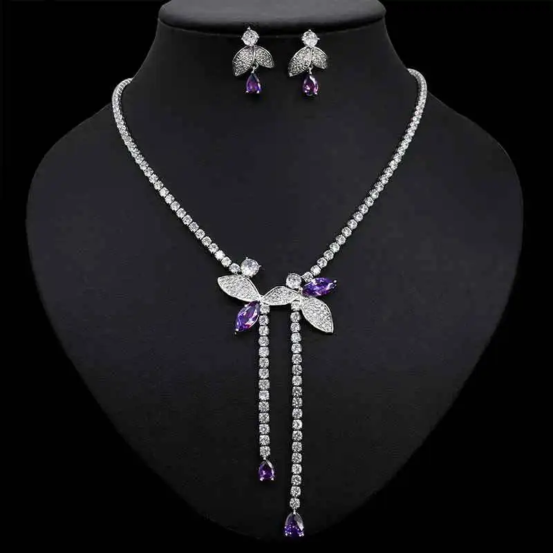 FXLRY Elegant Cubic Zirconia Leaf Water Drop Necklace And Earring For Women Wedding Dinner Party Jewelry Set