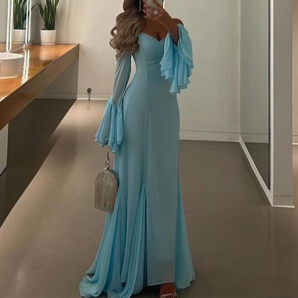 

Flechazo Chiffon Evening Dress Halter V-Neck Off the Shoulder with Long Flare Sleeves Women Floor Length Backless Party Gowns