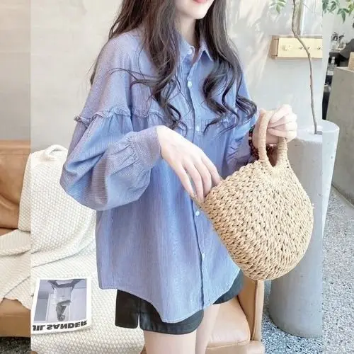 

Spring And Autumn Loose Lace Fine Stripe Long Sleeved Shirt, Women's Fashionable Artistic Shirt Top