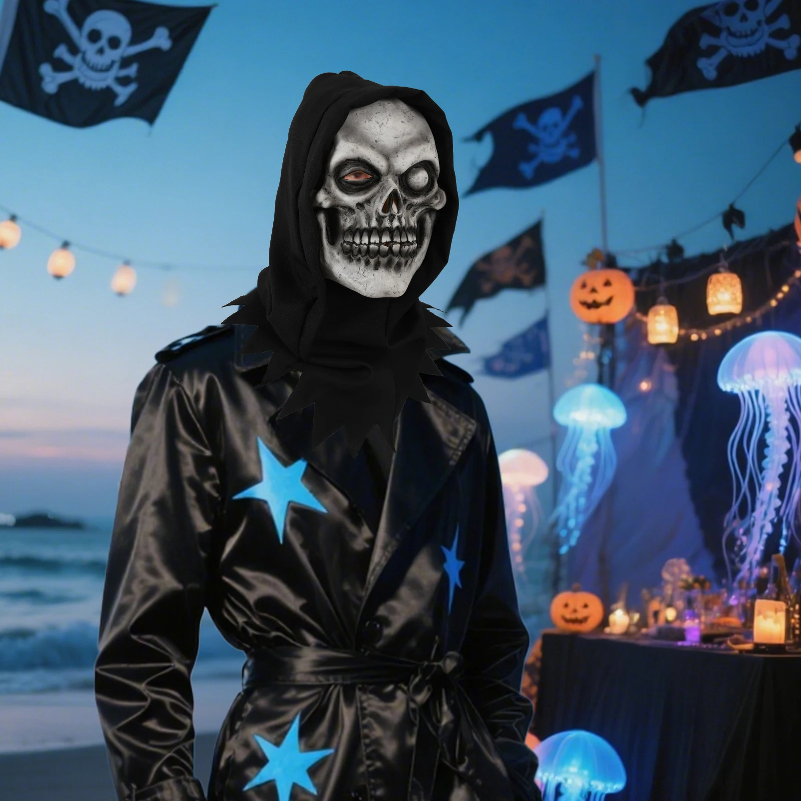 Maska czaszki dla dorosłych z kapturem, straszna, jednooka, szkielet, twarz ducha, lateksowa maska na całą twarz, kostium na Halloween, rekwizyt na imprezę cosplay
