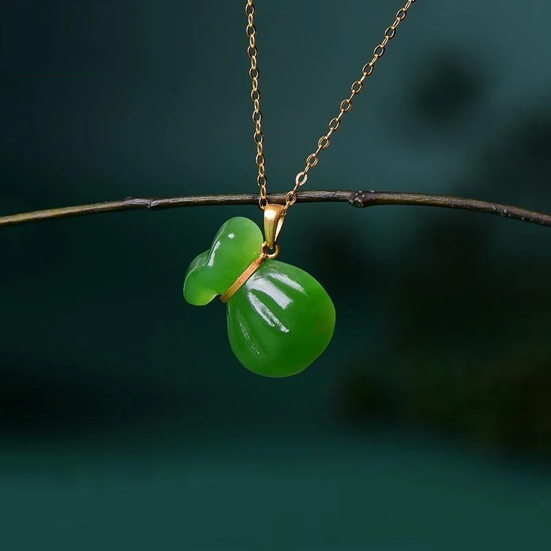 New in minimalist Natural Hotan Jade jasper blessing bag necklaces pendant simple charm national style clavicle chain jewelry