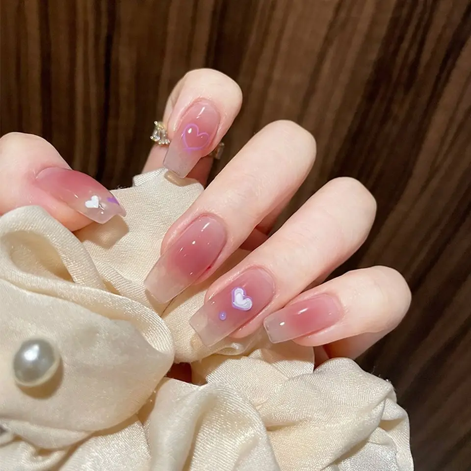 24 piezas de uñas postizas con pegamento, color blanco lechoso y degradado rosa, largas en forma de ataúd, cubierta completa 4