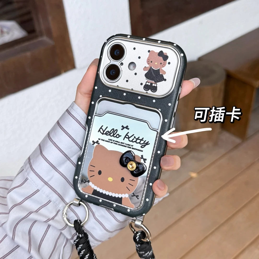 

Bowknot Hello Kitty for iPhone 17 Pro Max 16 15 Plus 14 13 Mini Card Holder Cartoon Camera Protection Phone Case With Lanyard﻿﻿