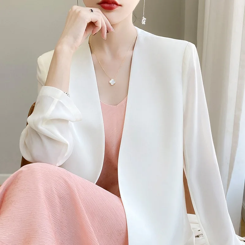 

Летняя женская облегающая верхняя одежда из ацетата белого цвета с защитой от солнца Faionable V-Ne Long Sve Regular Fit из полиэстера