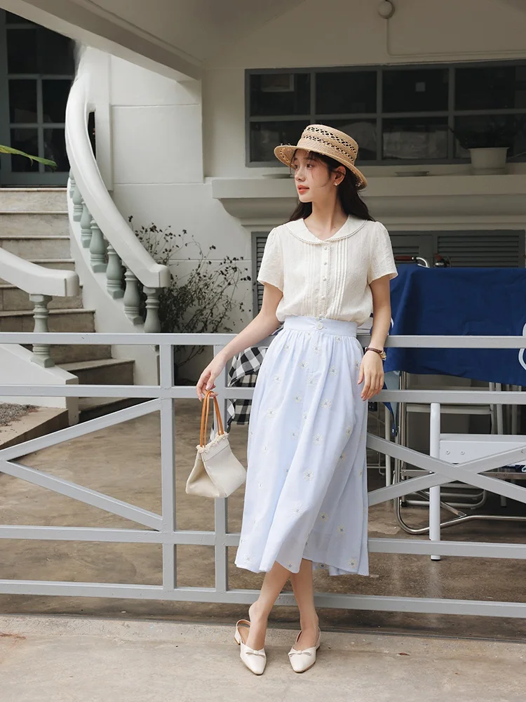 

High Waist Floral Embroidery Midi Skirt Women's Summer A-Line Hip Conceal Slimming Age-Defng Mid-Length Skirt