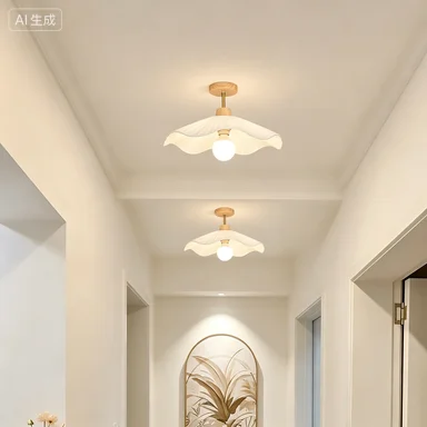Cream Fabric Lotus Leaf Ceiling Light, Wood Base