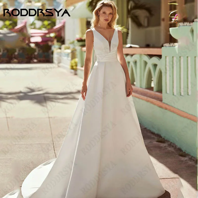 RODDRSYA Spaghetti Straps Mermaid Wedding Dresses For Women V-Neck Sleeveless Satin Bridal Gowns Backless Buttons Robe De Mariée