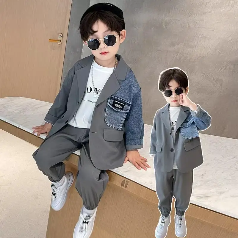 

Boys' Suit Suit Spring and Autumn New Children's Handsome Splicing Denim Personalized Casual Two-piece Set 110-160CM