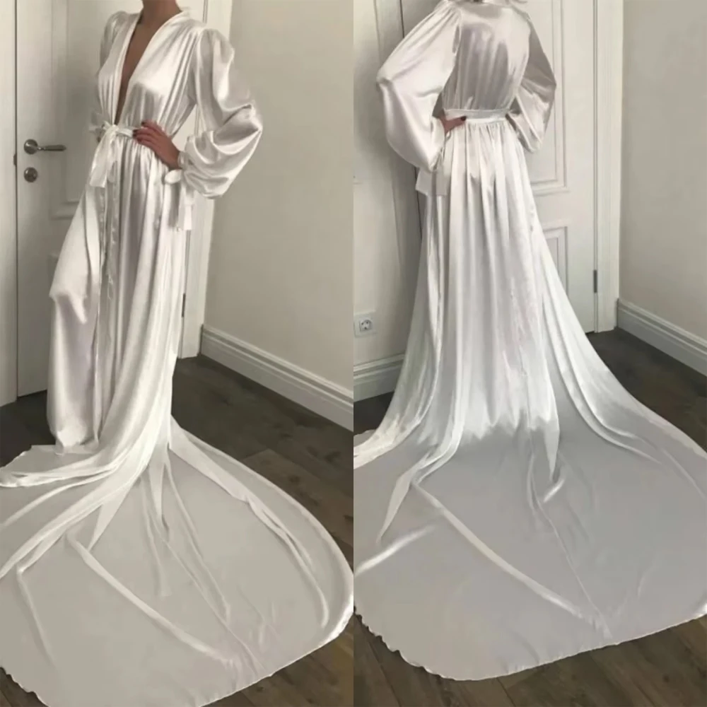 

Elastic Satin Long Sleeve Wedding Robe Pregnant Party Sleepwear Sashes Tencel Maternity Evening Dresses Long Jacket Customized