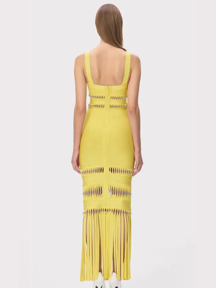 فستان نسائي مثير بياقة مربعة أصفر وأسود طويل ماكسي بأشرطة ضيقة 2025 فستان أنيق للحفلات المسائية والنوادي #4