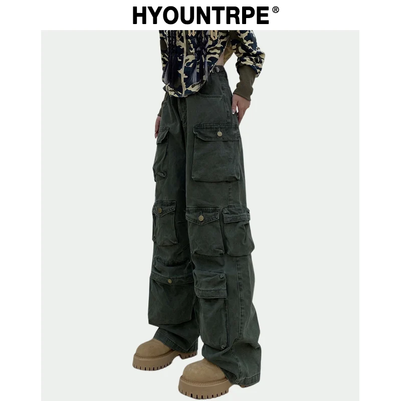 

Unisex Hip Hop Pants Retro Cargo Pant Streetwear Multi Pockets Zipper Harajuku Joggers New Casual Loose Straight Baggy Trousers