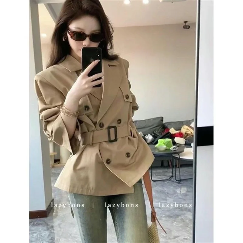 

Advanced Trench Coat, Autumn New Style, Khaki Color, Double Row, British Style, Short Stature, Cinched Waist Coat, Women's Fashi