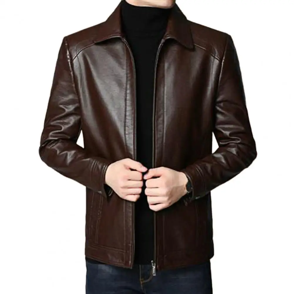 Men Jacket Faux Leather Solid Color Stand Collar Long Sleeve Zipper Neck Protection Motorcycle Windproof Autumn Winter Jacket