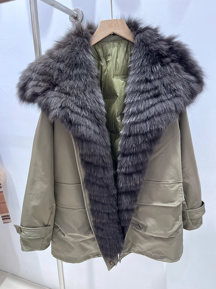 

Warm Winter Women Goose Down Coats Natural Real Fox Fur Collar Fur Strip Sewed Toghter Thick Coat Female Outwear Puffer Jackets