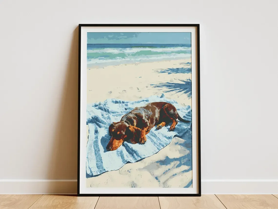 Sleepy Dachshund Dog Beach Art Print Coastal Ocean Summer Vacation Pet Lover Wall Decor Poster Relaxing Wiener Dog Artwork