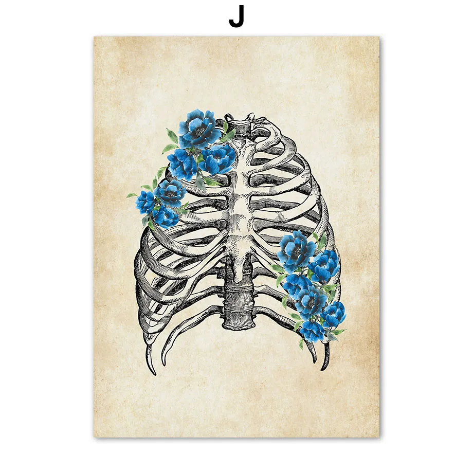 Vintage Anatomy Floral Wall Art Prints Anatomical Heart Brain Skeleton Bone Posters Medical Boho Flower Wall Decor Clinic Off