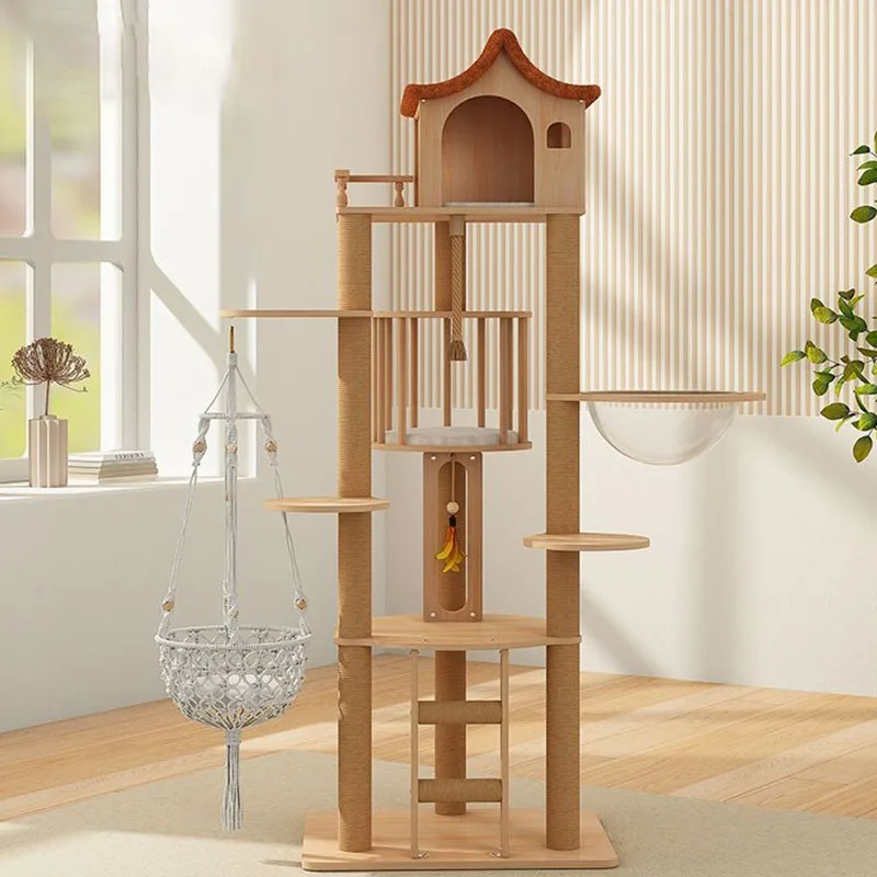 Large Solid Wood Sisal Cat Tower Climbing Scratcher with Lair Spacecraft Cat Condo Tree for Indoor Home Big Cats Training