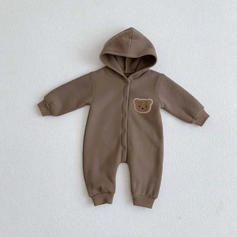 2024 Winter Warm Newborn Baby Clothes Boys Cotton Babies Romper Cartoon Bear Long Sleeve Hooded Girl Bodysuit for 0-24M Clothing