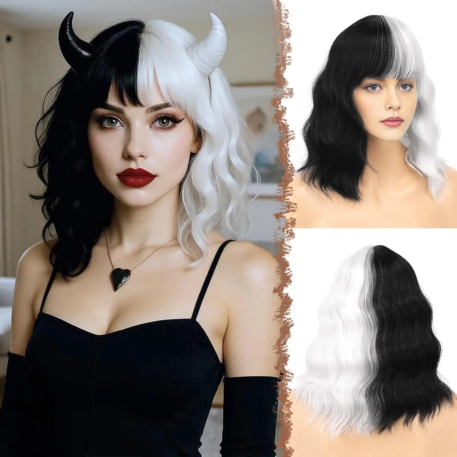 

14-дюймовый получерный, белый синтетический парик с челкой для женщин и девочек, короткий вьющийся волнистый парик, Хэллоуин, Рождество, карнавальный костюм, парик для вечеринки